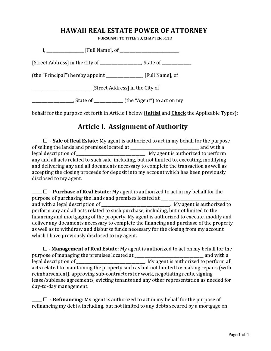 Hawaii Real Estate Power of Attorney Form - Downloadable Example