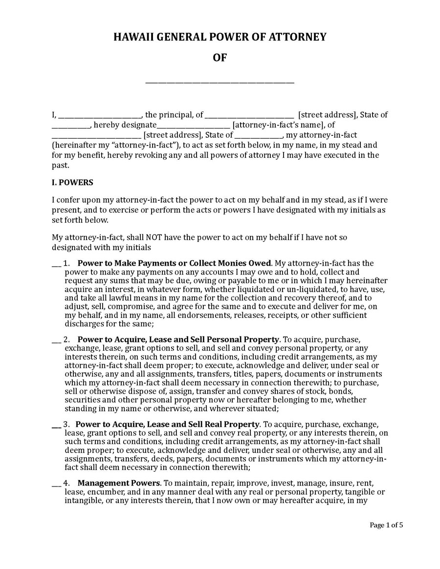 Download Hawaii General Power of Attorney Form - Fillable Example