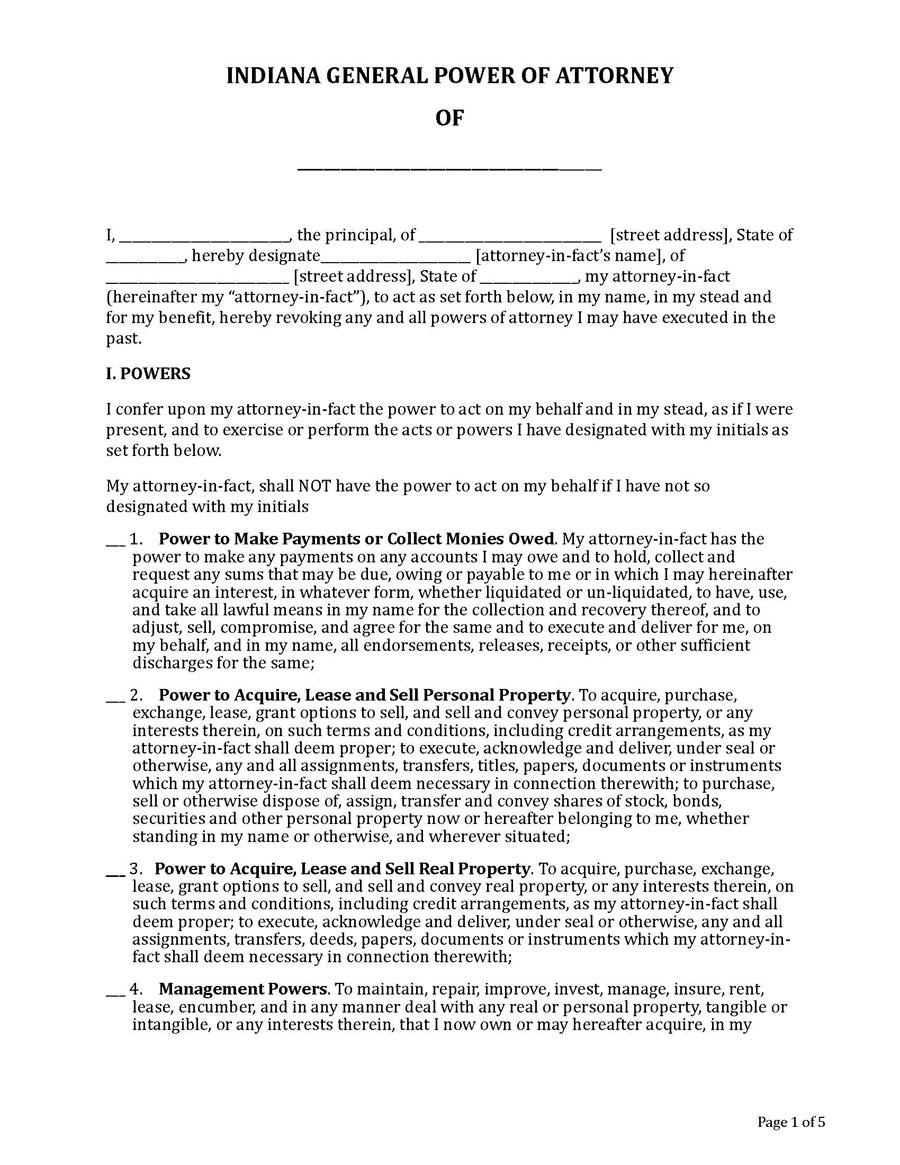 Free Printable Indiana General Power of Attorney Form as Word Document