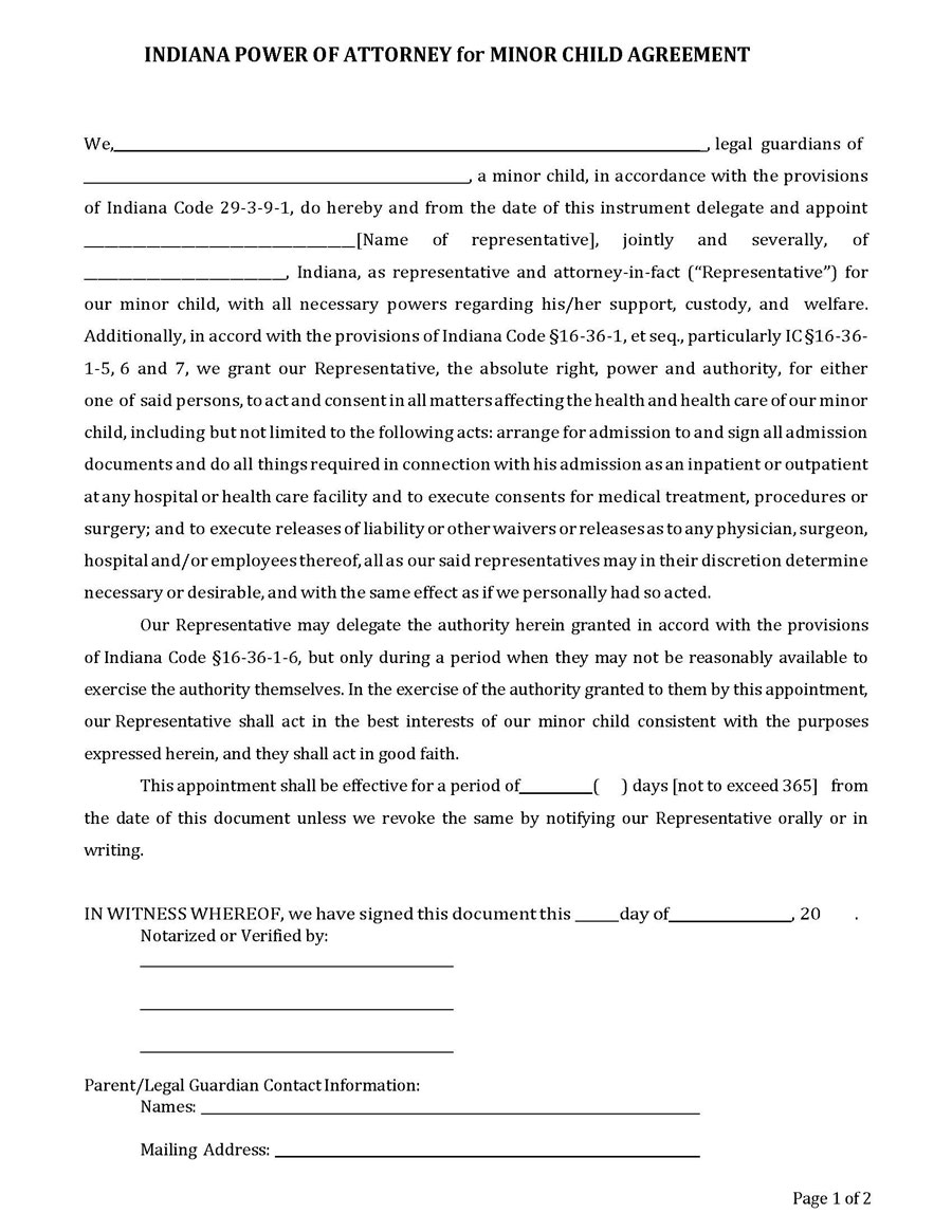 Free Printable Indiana Minor Power of Attorney Form as Word Document