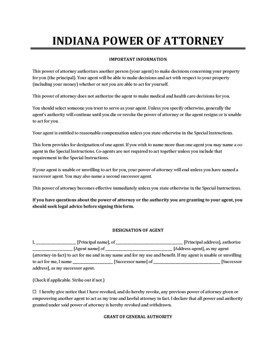 Free Indiana Power Of Attorney Sample