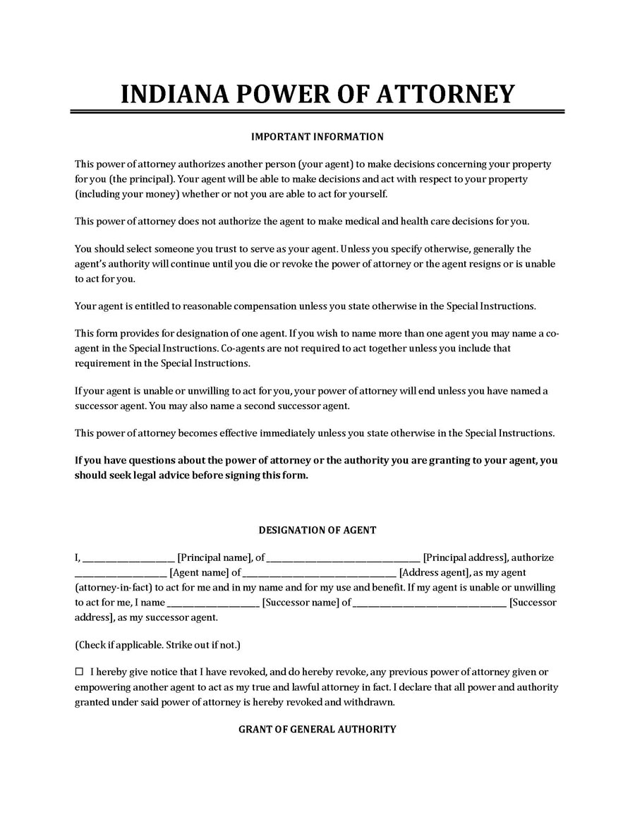 Free Downloadable Indiana Power Of Attorney Template as Word Document