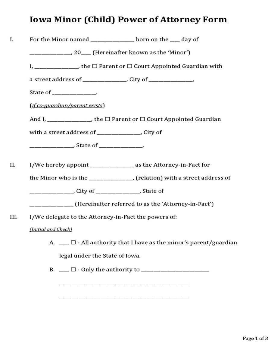 Free Minor (Child) Power of Attorney Template