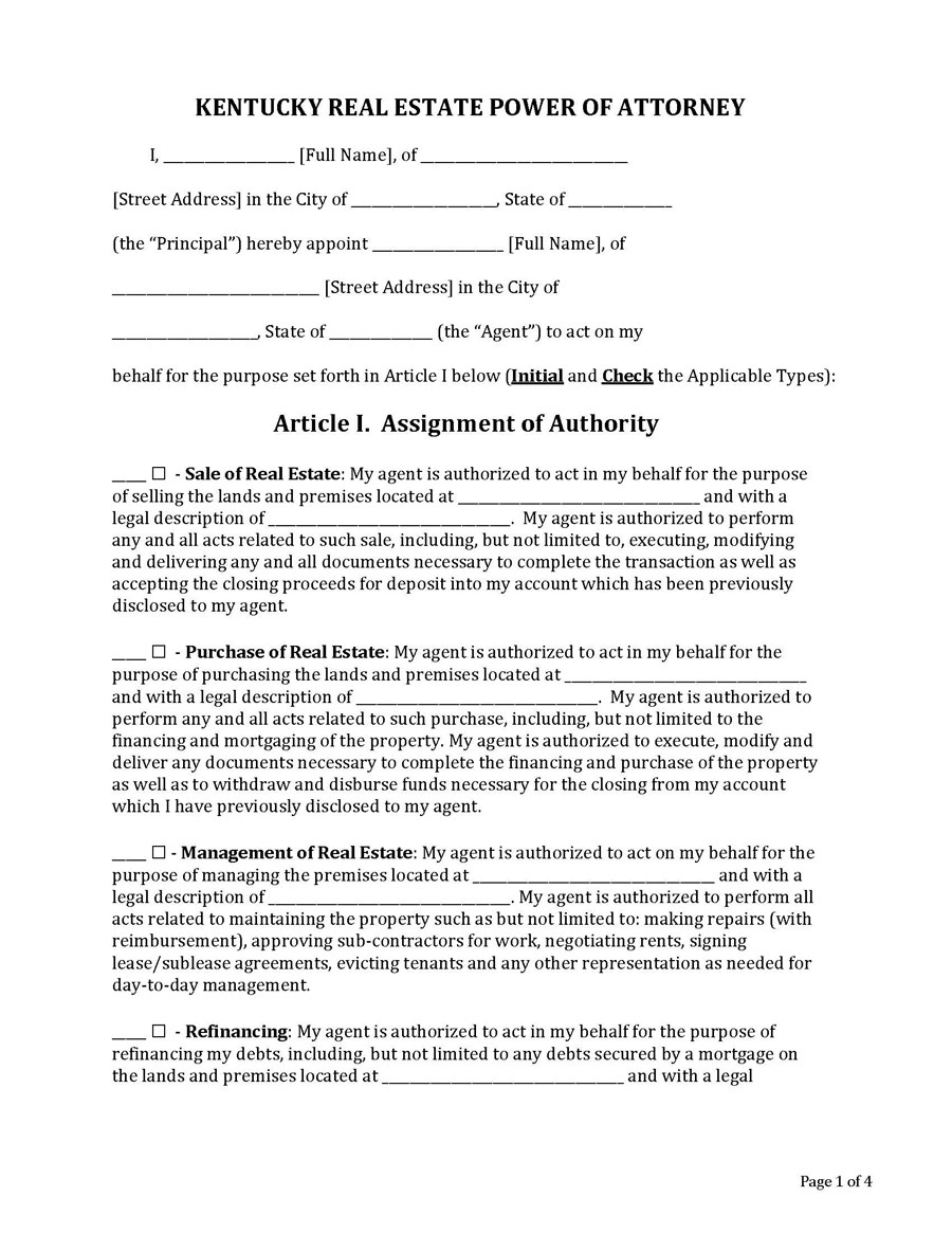 Great Downloadable Kentucky Real Estate Power of Attorney Form for Word Document