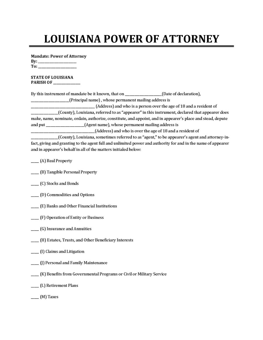 Downloadable Louisiana Power of Attorney Sample