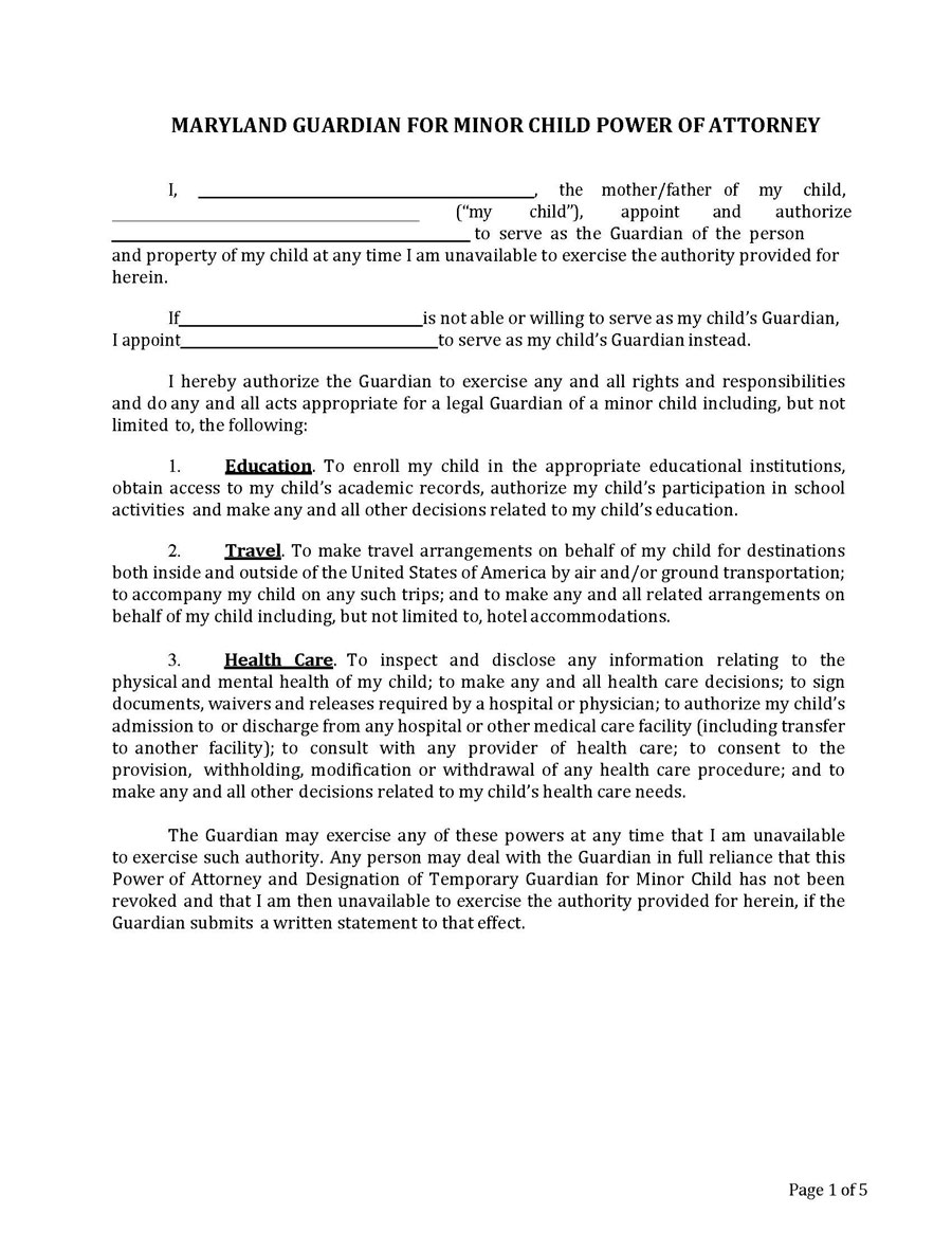 Sample Maryland Minor Child Power of Attorney Form - Fillable PDF