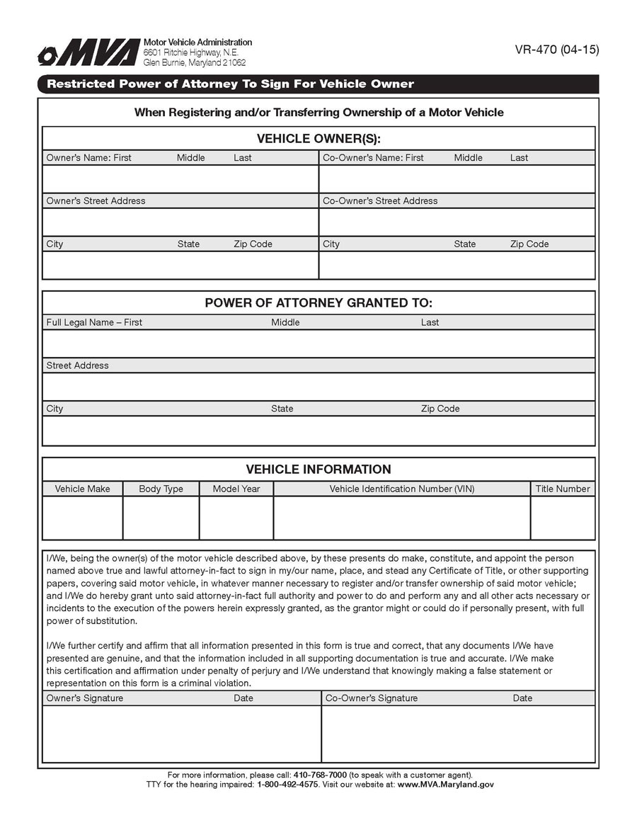 Printable Maryland Motor Vehicle Power of Attorney Form - PDF Template