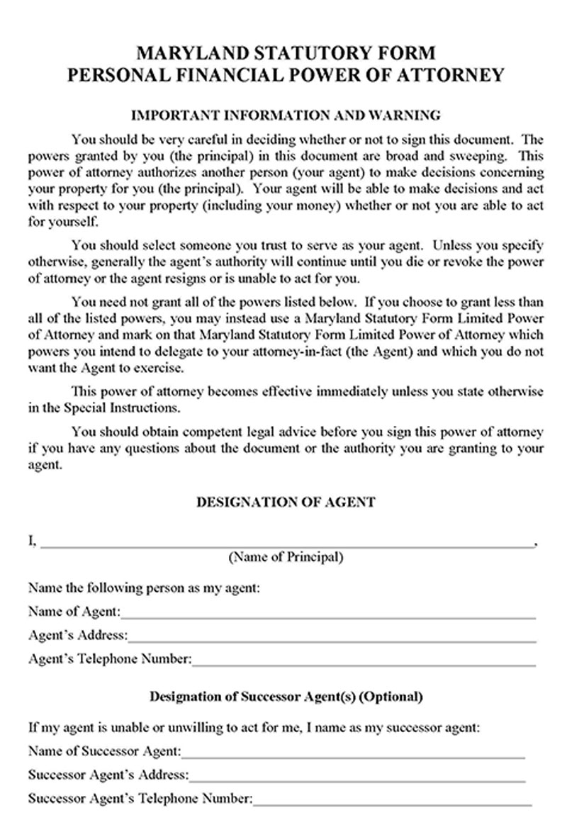 Great Printable Maryland Personal Power of Attorney Template as Word Format