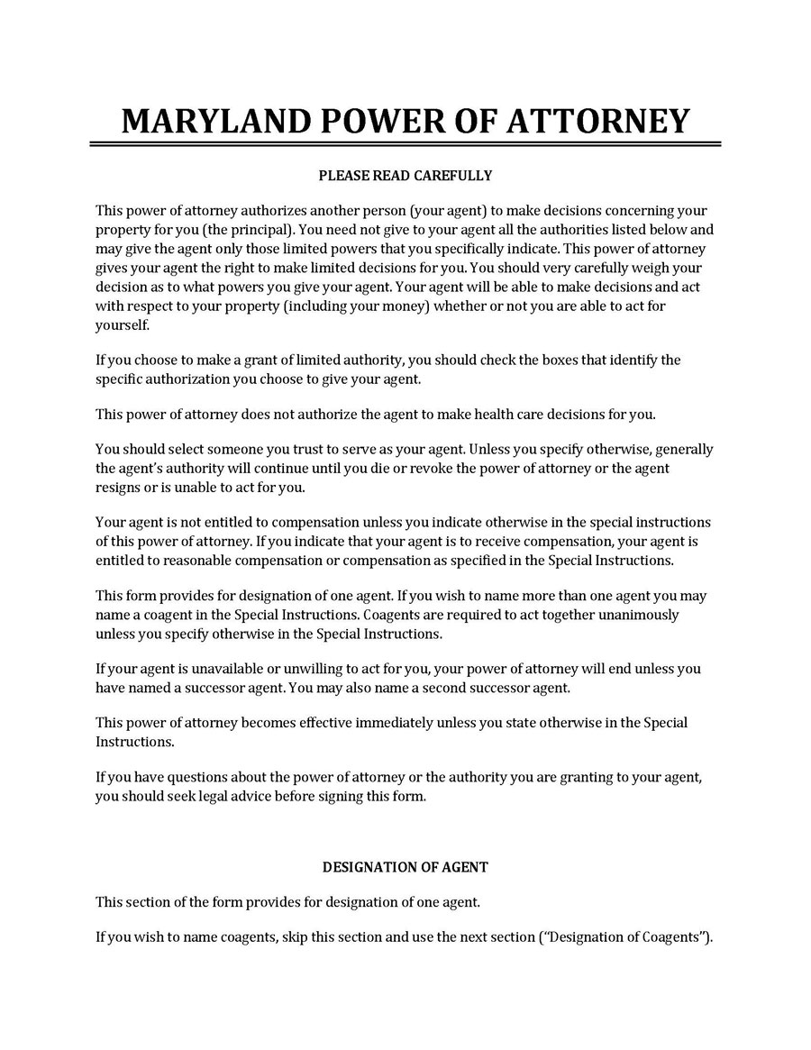 Printable Maryland Power of Attorney Form - Free Template