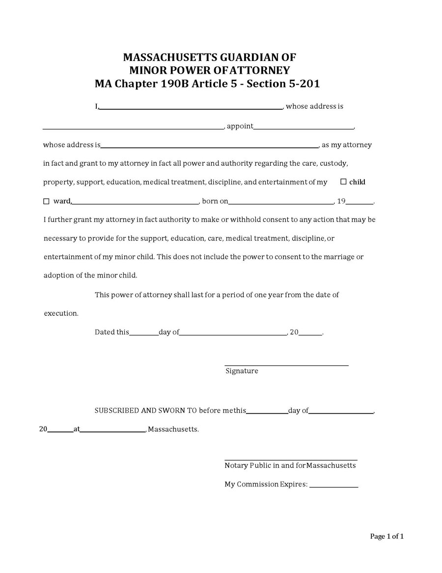 Massachusetts Minor Child Power of Attorney Form - Fillable and Printable