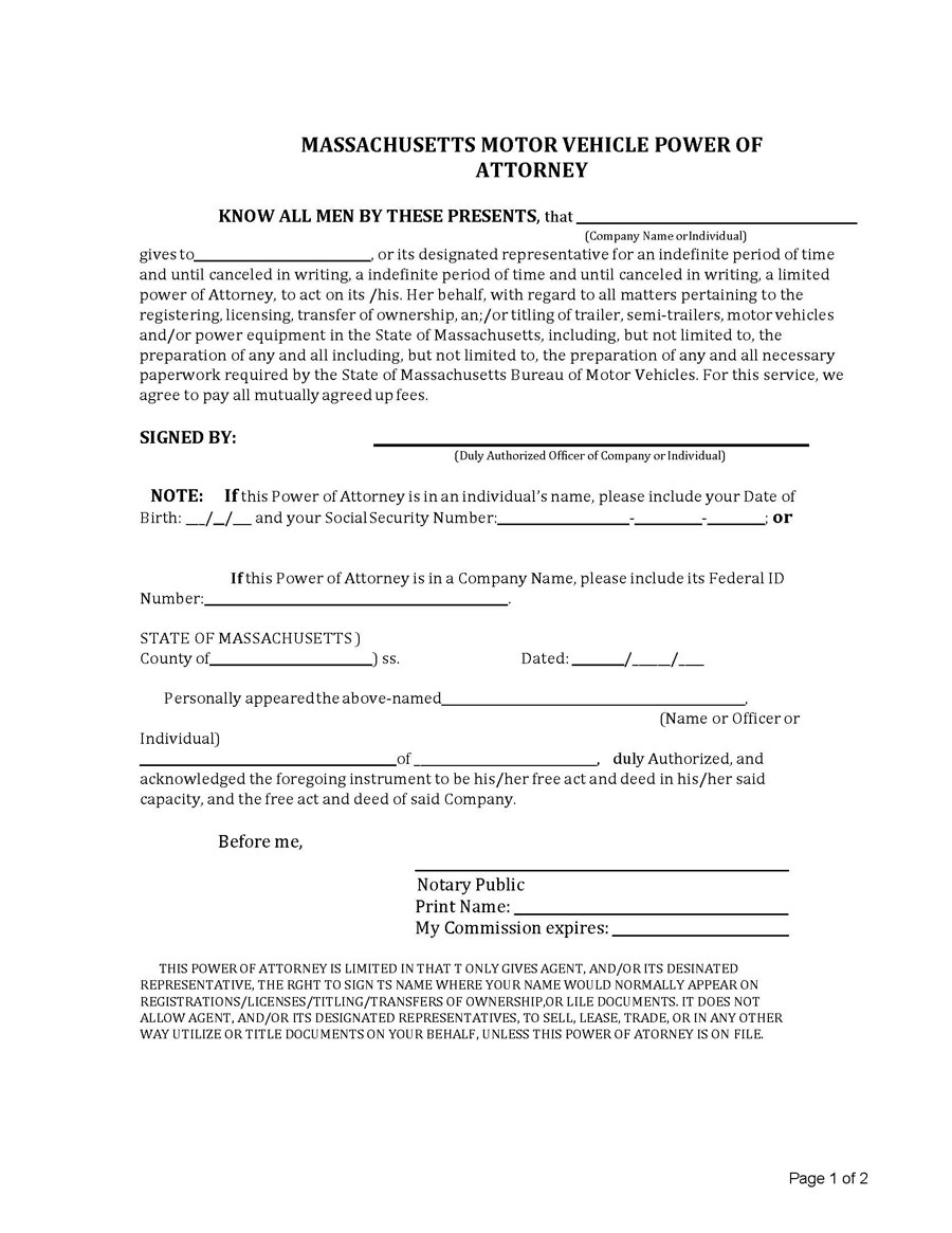 Massachusetts Motor Vehicle Power of Attorney Form - Printable PDF