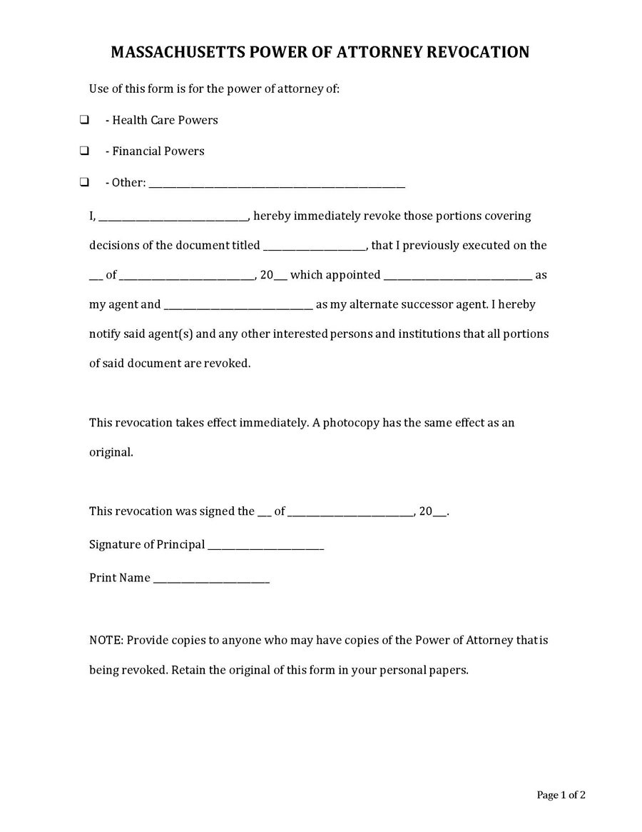 Great Downloadable Massachusetts Revocation of Power of Attorney Form for Word File