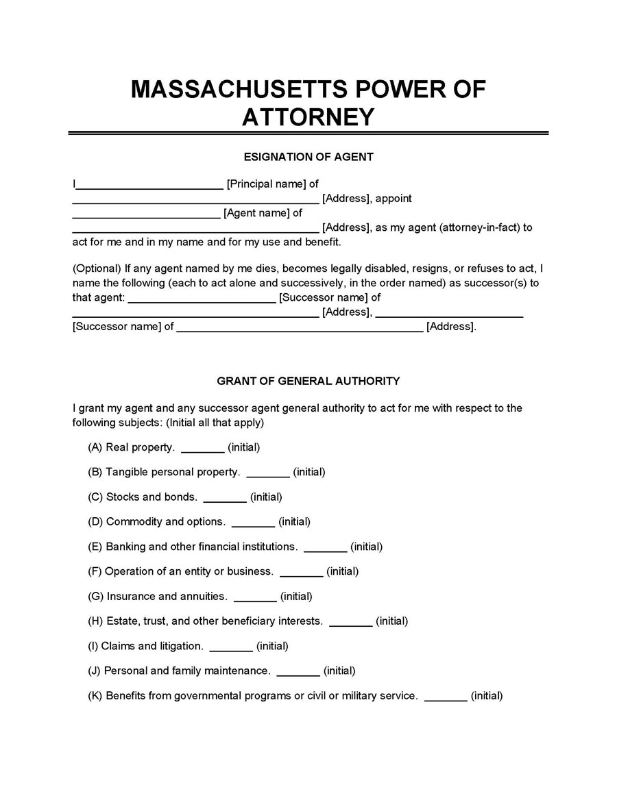 Massachusetts Power of Attorney Form - Free Download