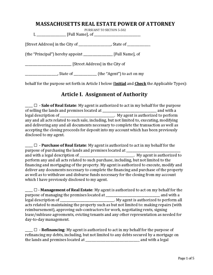 Massachusetts Real Estate Power of Attorney Form - Example