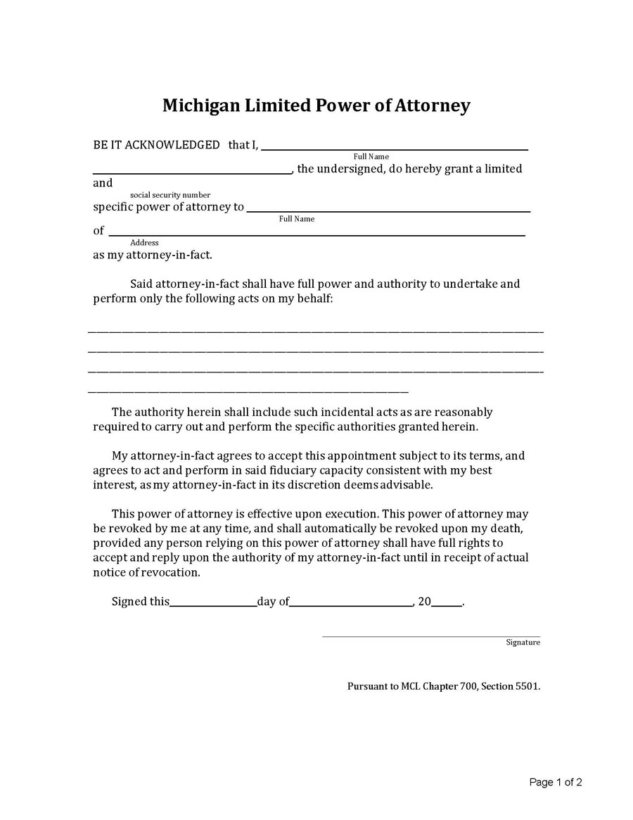 Free Downloadable Michigan Limited Power of Attorney Form for Word Format