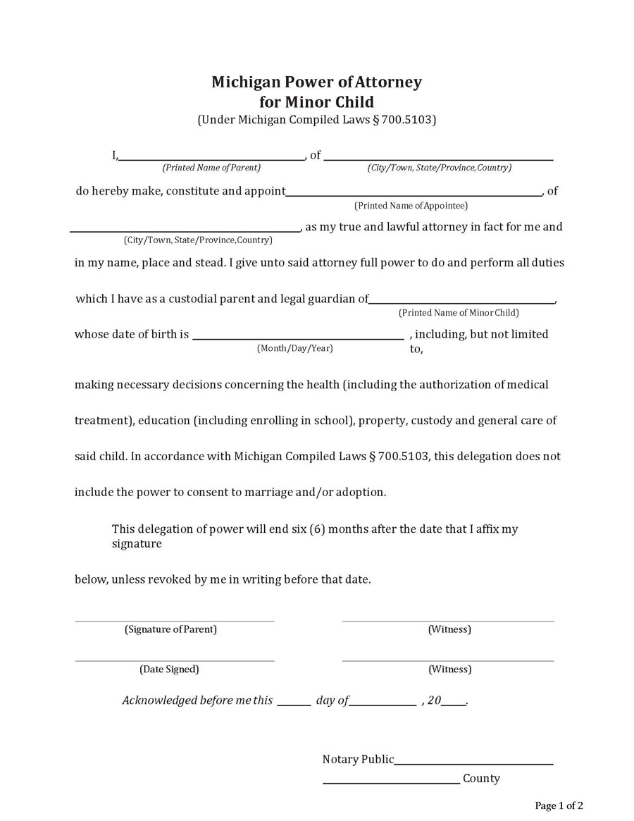 Free Downloadable Michigan Minor Power of Attorney Form for Word Format