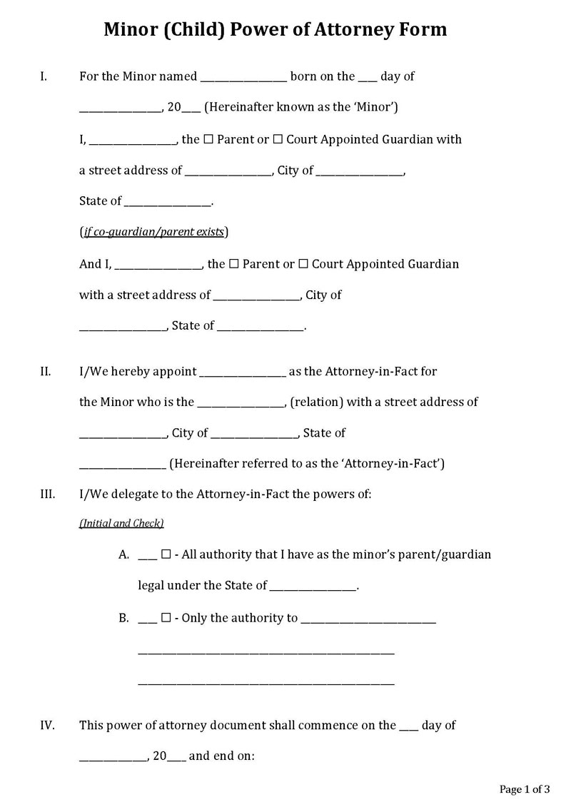 Free Minor Child Power Of Attorney Template