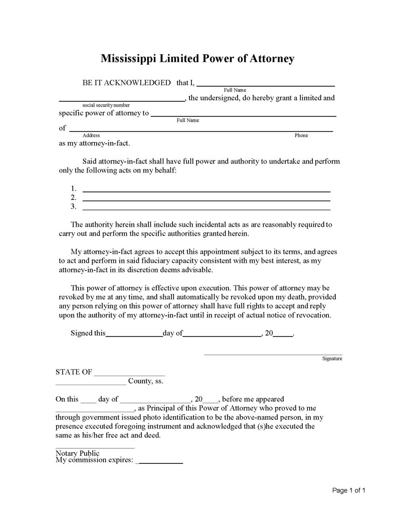 limited mississippi power attorney doc free