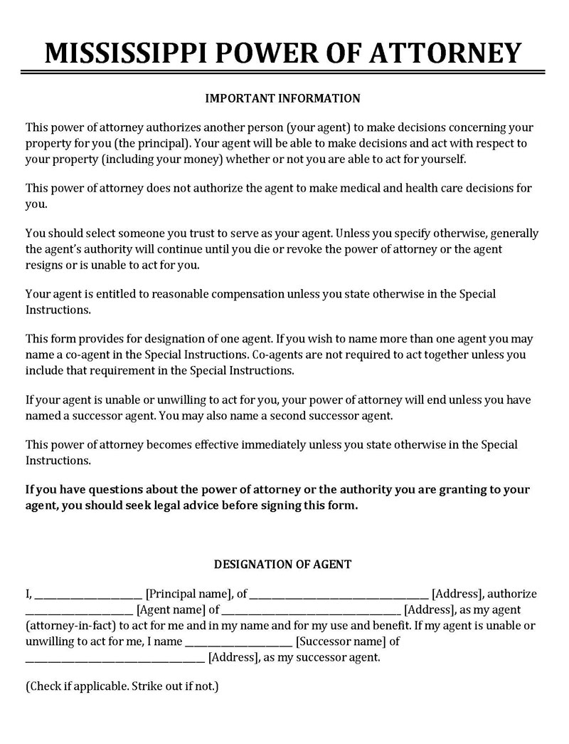 Great Printable Mississippi Power of Attorney Template 02 as Word File