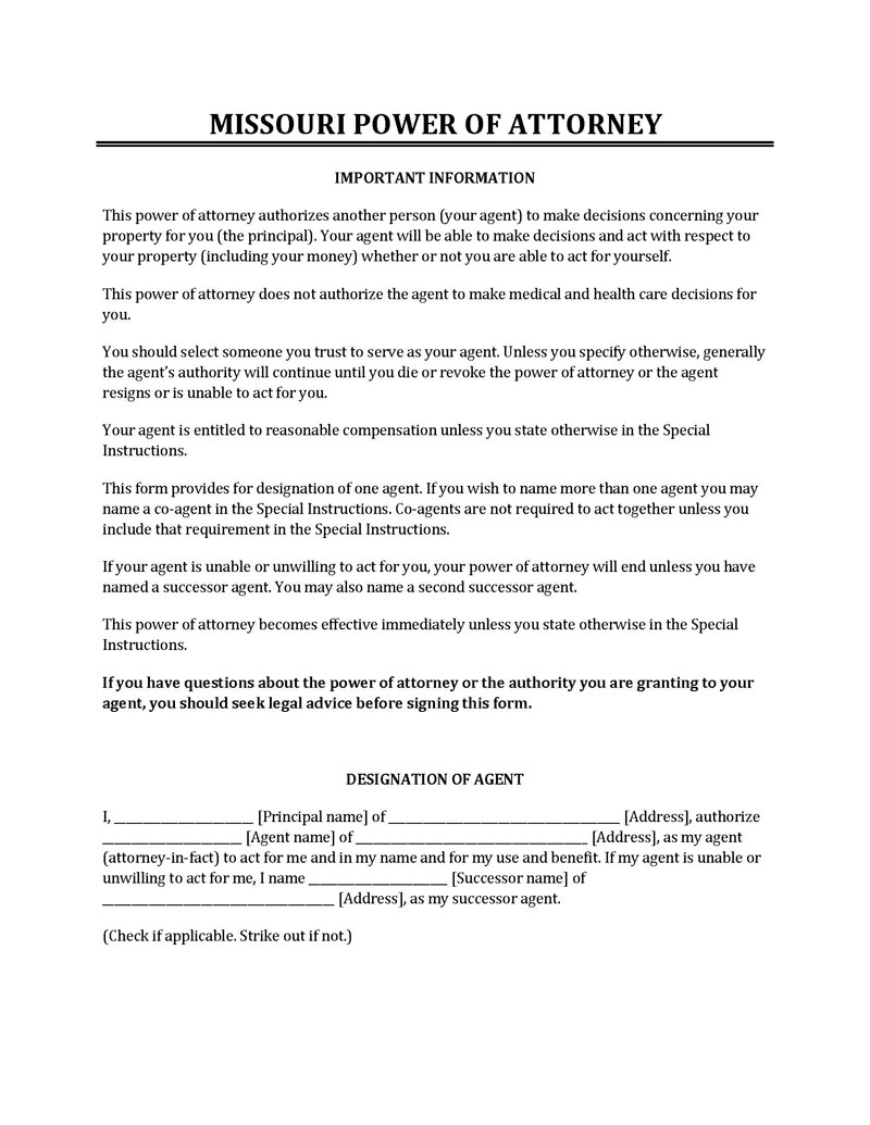 Free Printable Missouri Power of Attorney Template as Word Format