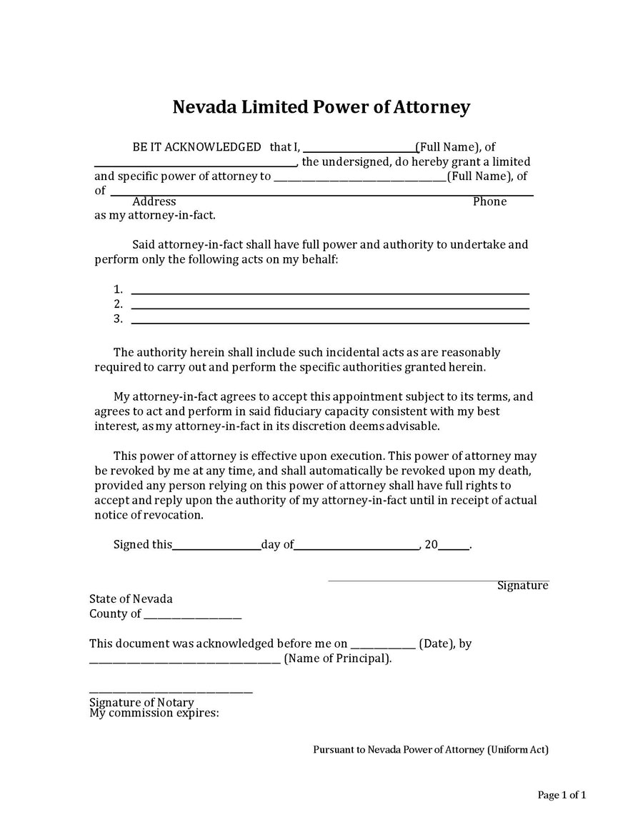 PDF format Nevada power of attorney forms: Sample template