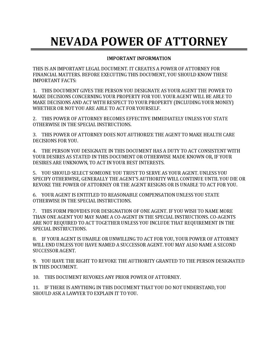 Free Nevada power of attorney forms template