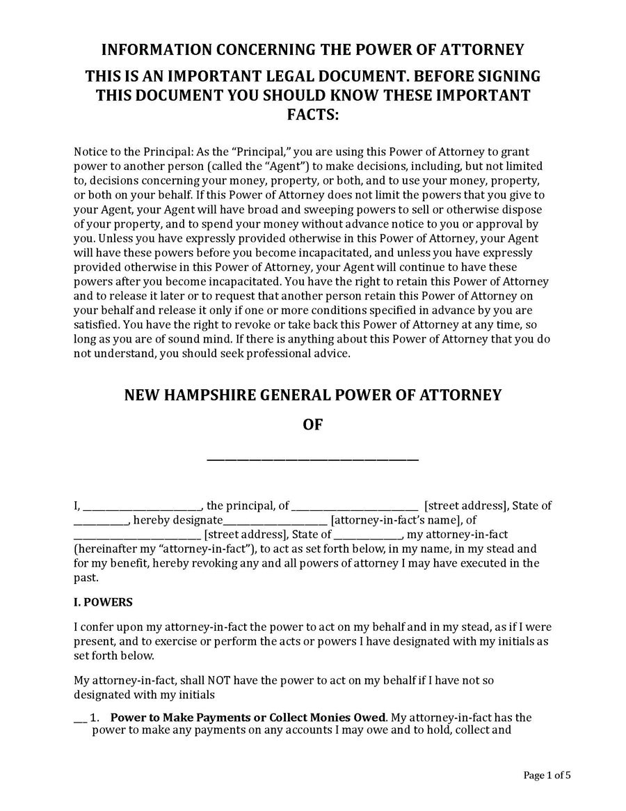 Downloadable New Hampshire General Power of Attorney Template