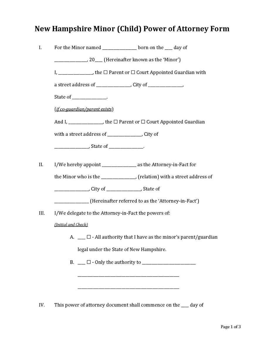 Sample New Hampshire Minor Child Power of Attorney Form - Download Now!