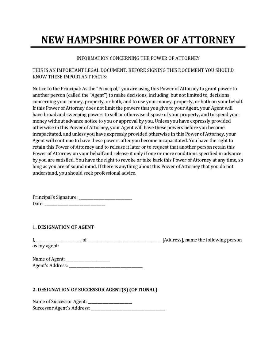 New Hampshire Power of Attorney Template - Sample Document