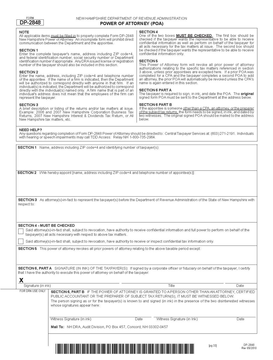 Customizable New Hampshire Tax Department Power of Attorney Form