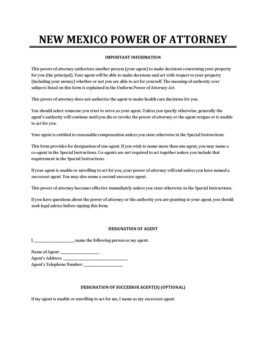 Free New Mexico Power of Attorney Template