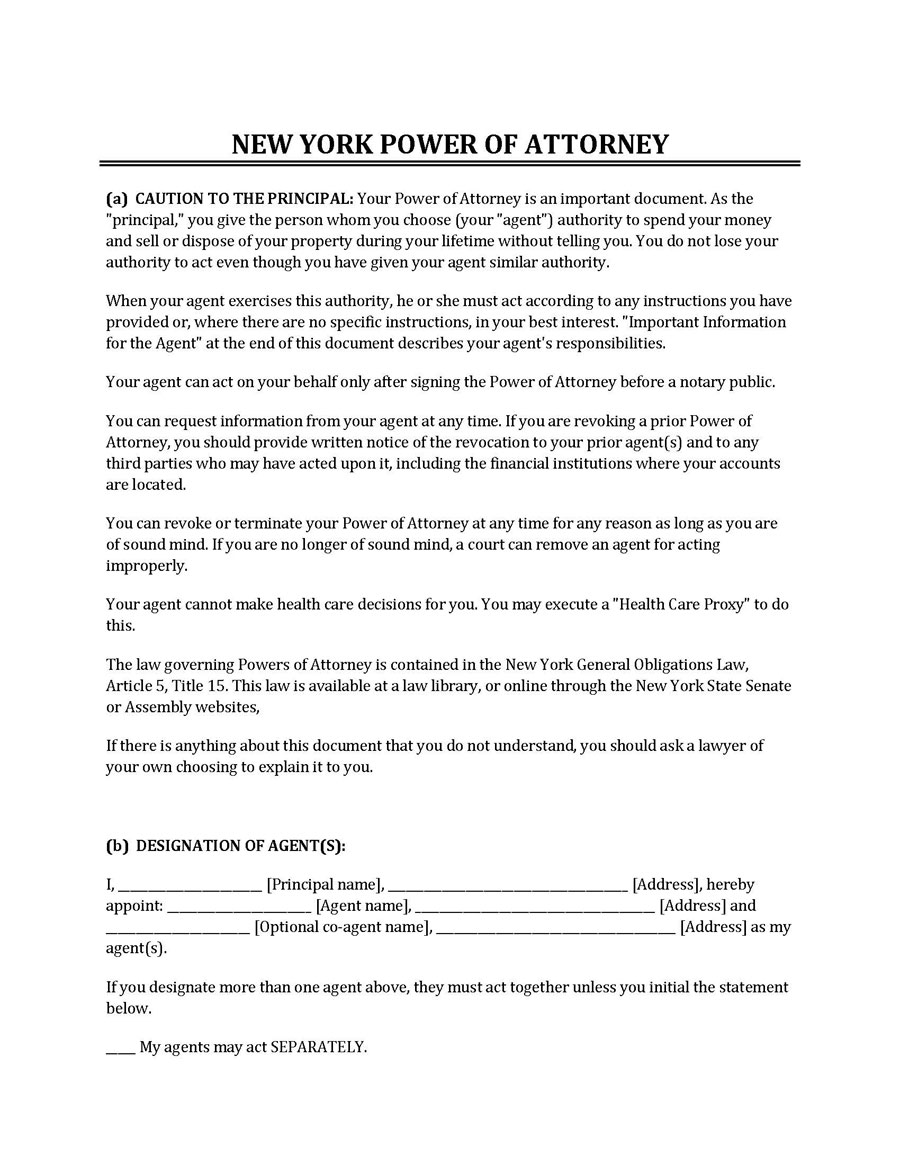 New York Power Of Attorney Template