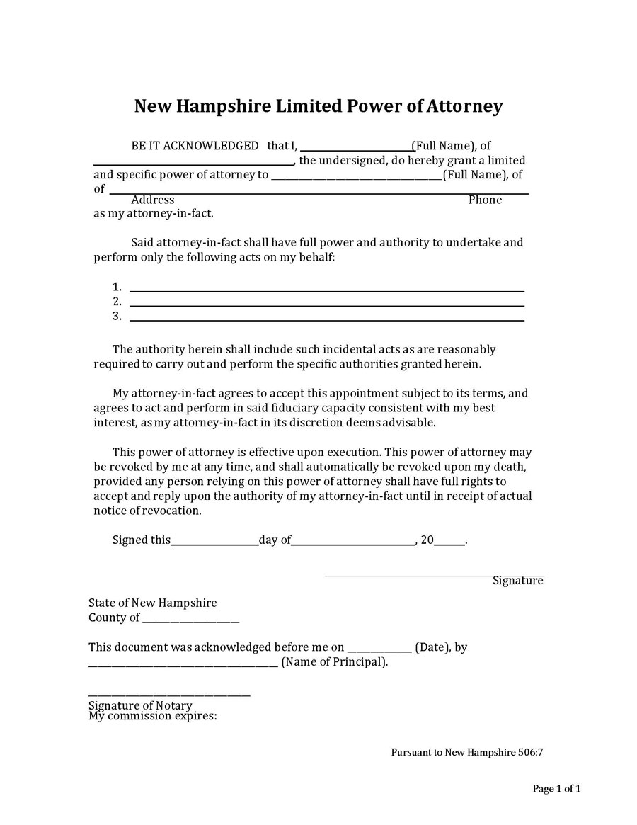 Editable New Hampshire Limited Power of Attorney Form