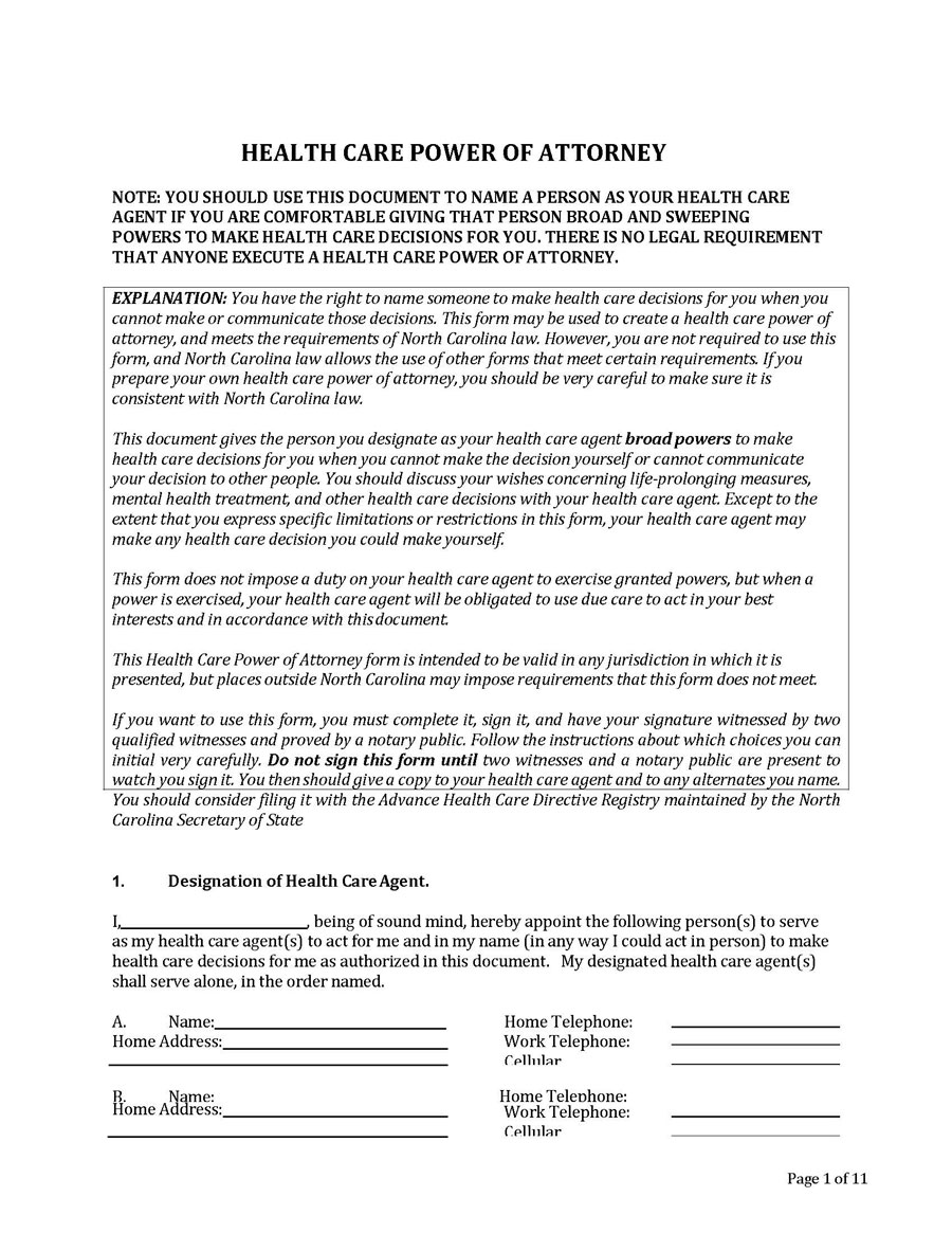 Free Comprehensive North Carolina Medical Power of Attorney Form as Word Format
