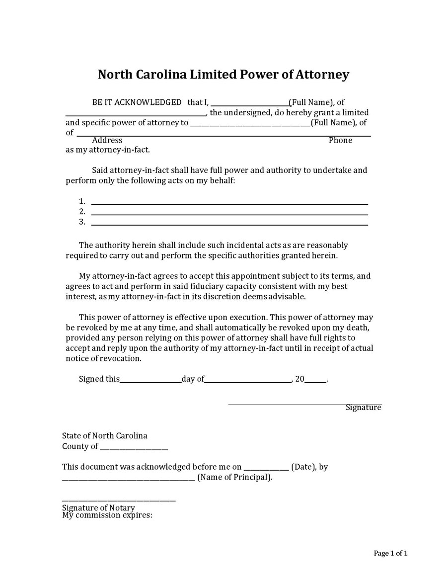 Free Comprehensive North Carolina Limited Power of Attorney Form as Word Format