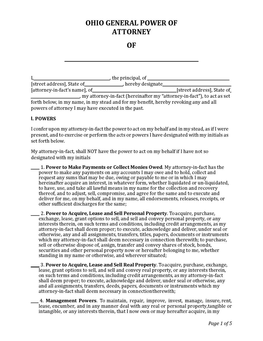 Free Downloadable Ohio General (Financial) Power of Attorney Form as Word Format