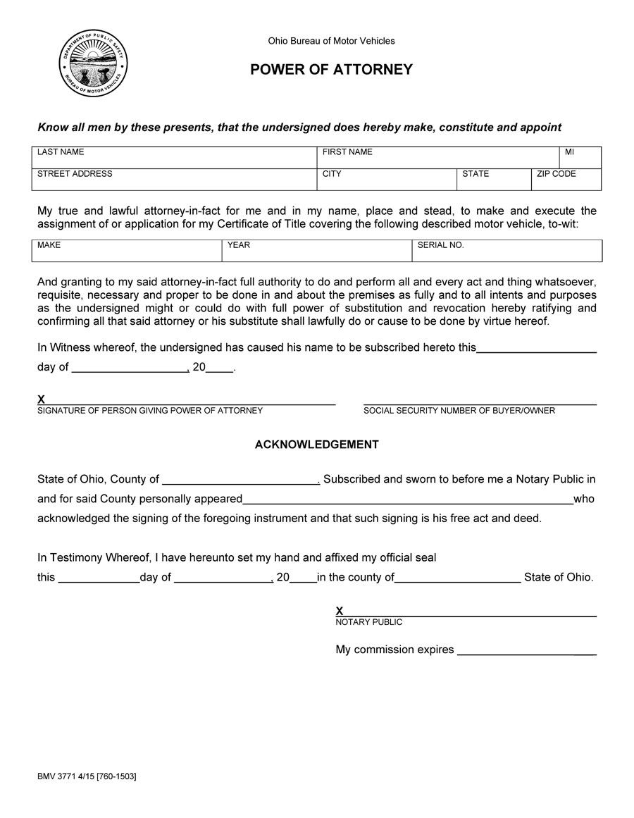 Free Sample Vehicle power of attorney (Form BMV 3771) PDF