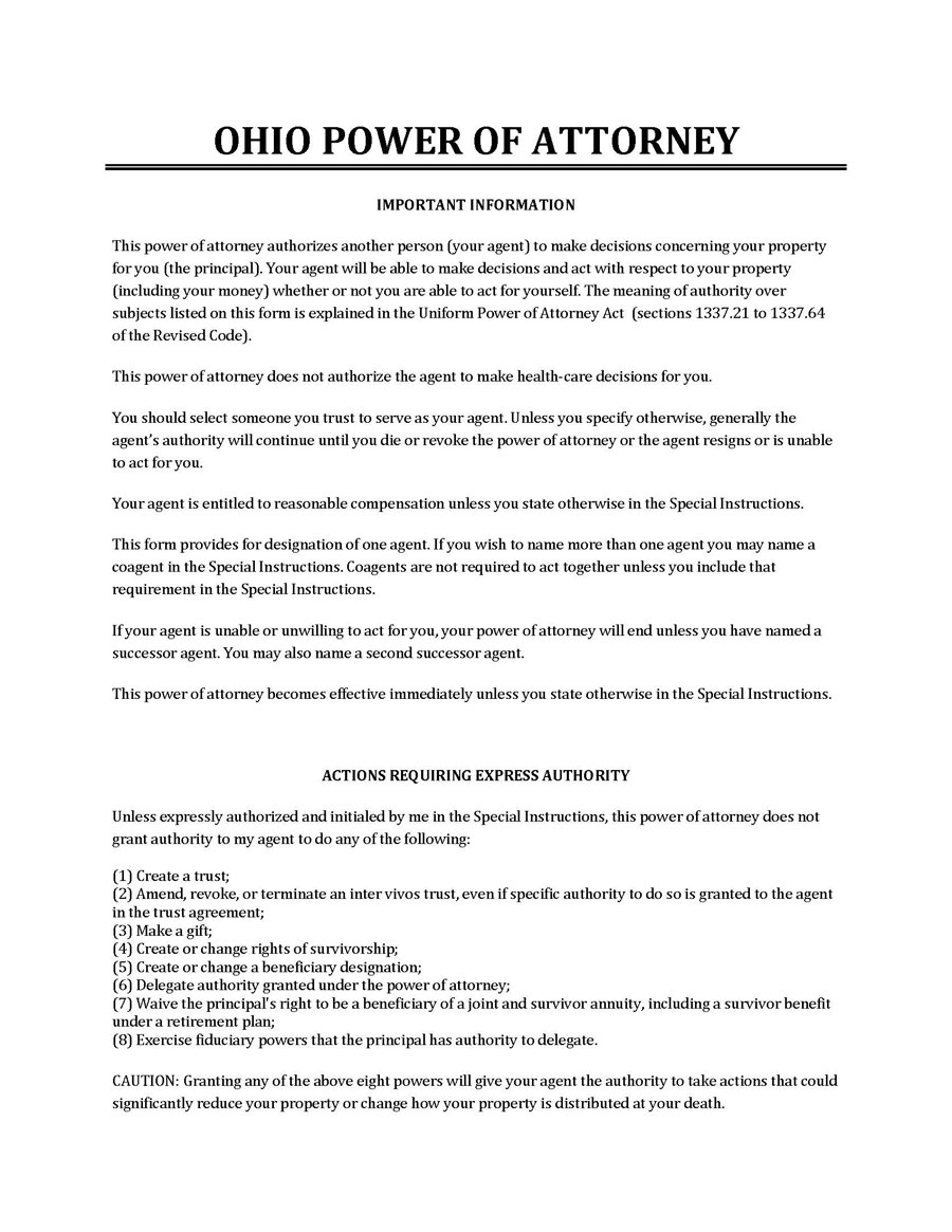 Free Printable Ohio Power of Attorney Template for Word Document