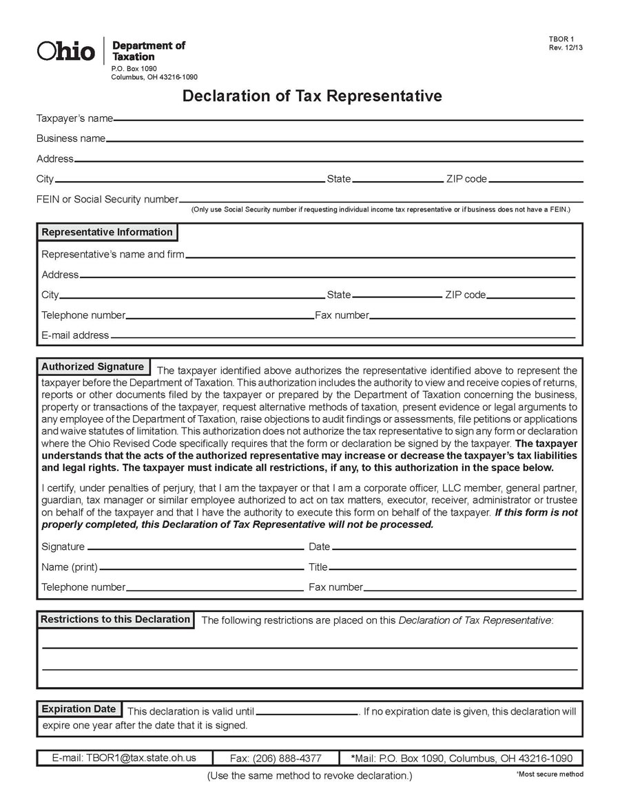 Printable Tax power of attorney (Form TBOR 1) Word