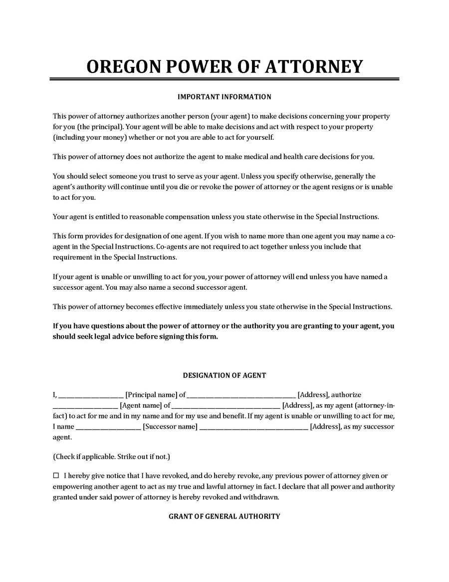 oregon durable financial power of attorney