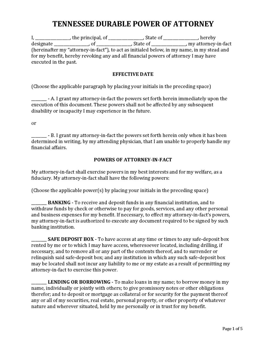 Tennessee Power of Attorney Format Template PDf
