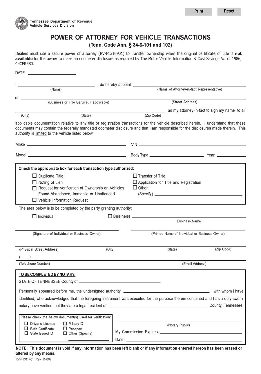 Vehicle Power of Attorney (Form RV-F1311401) Template
