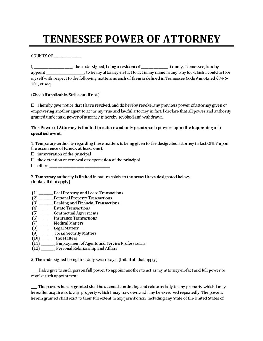 Editable Tennessee Power of Attorney Example
