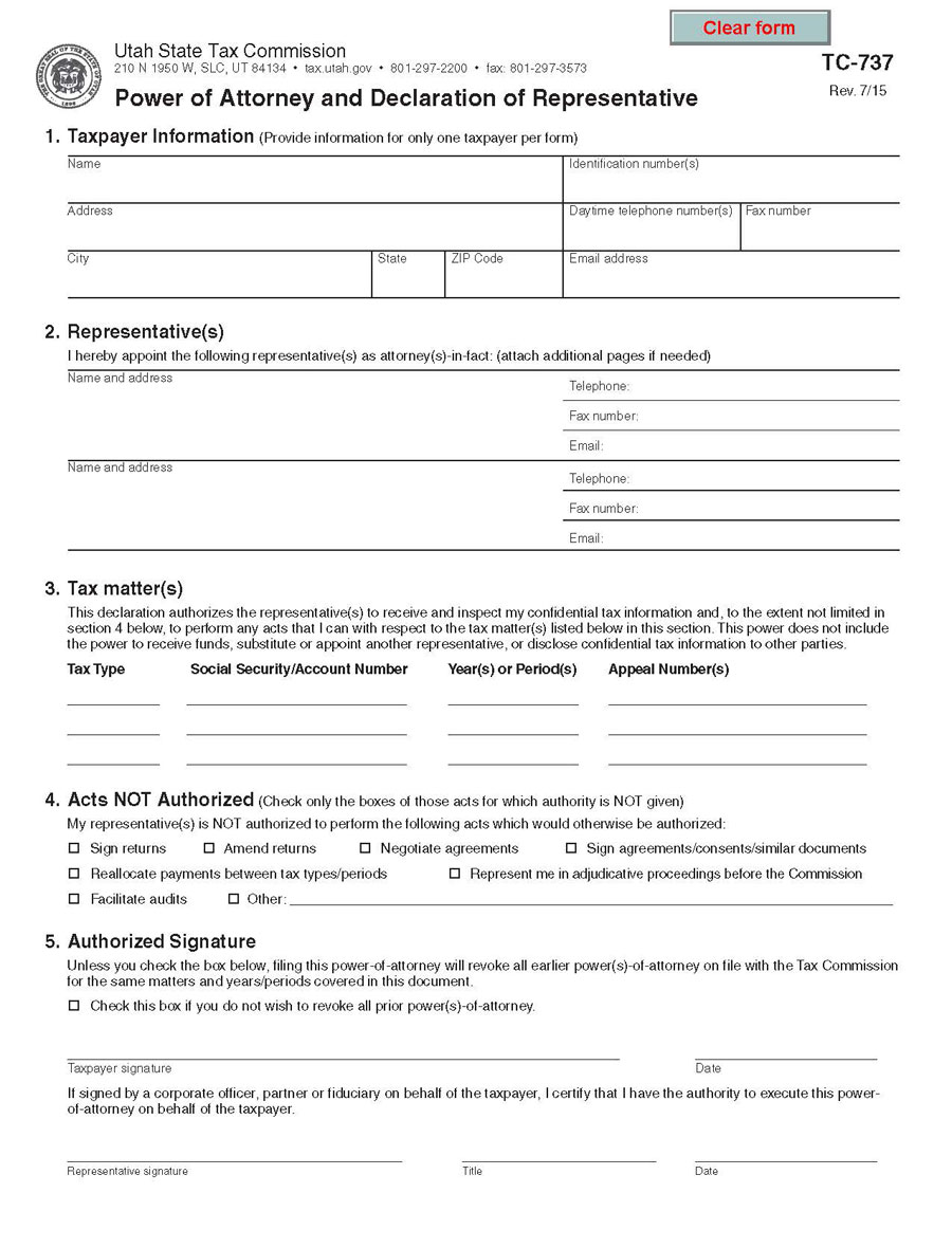 Free Tax Power of Attorney (Form TC-737) Template