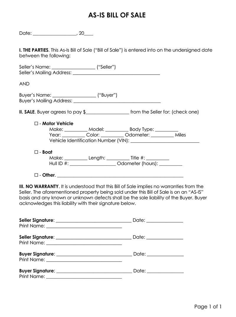 Free Downloadable AS-IS Bill of Sale Form as Word Document