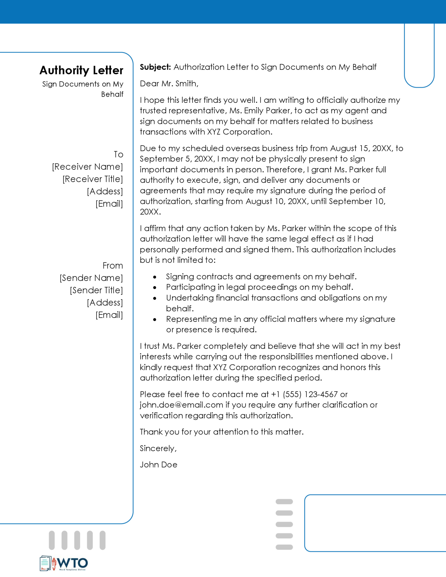 Sample Authorization letter to to Sigh Documents-Word Format