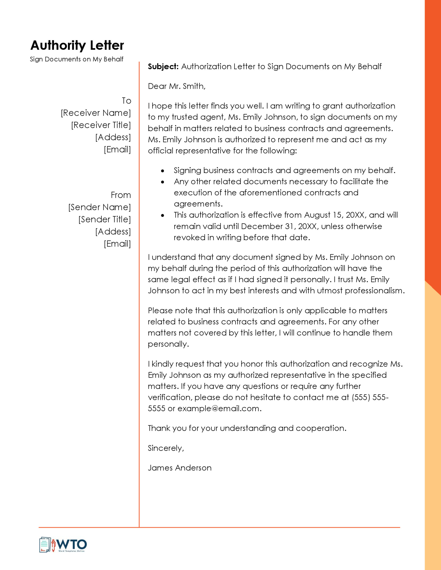 Professional Editable Sign Documents on Behalf Authorization Letter Sample 03 for Word Document