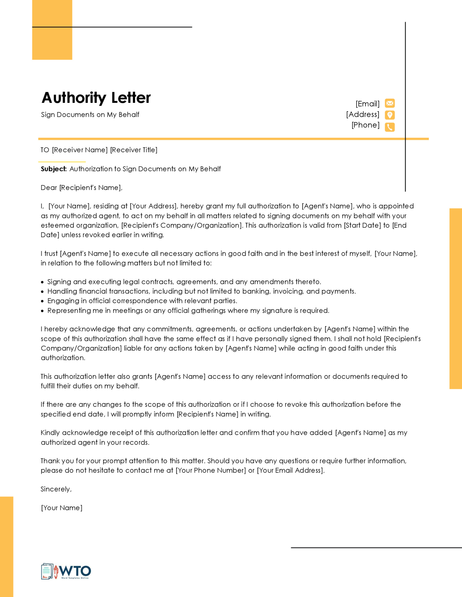 Authorization letter to to Sigh Documents Template-Downloadable word format