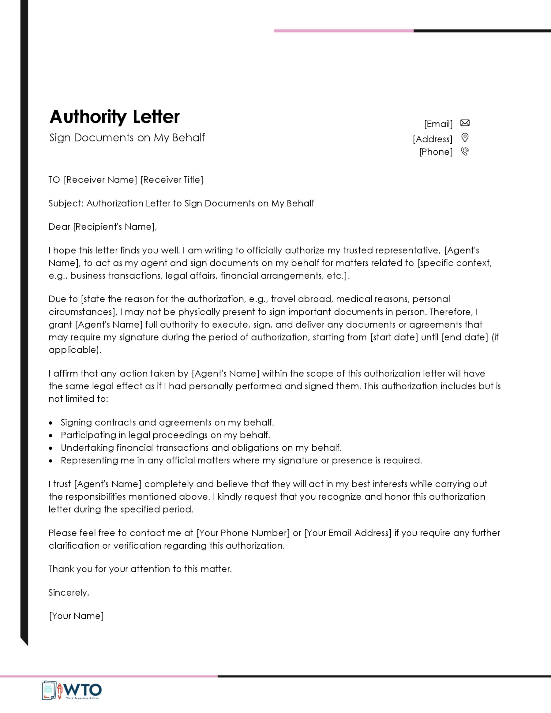 Authorization letter to to Sigh Documents Template-Free Downloadable