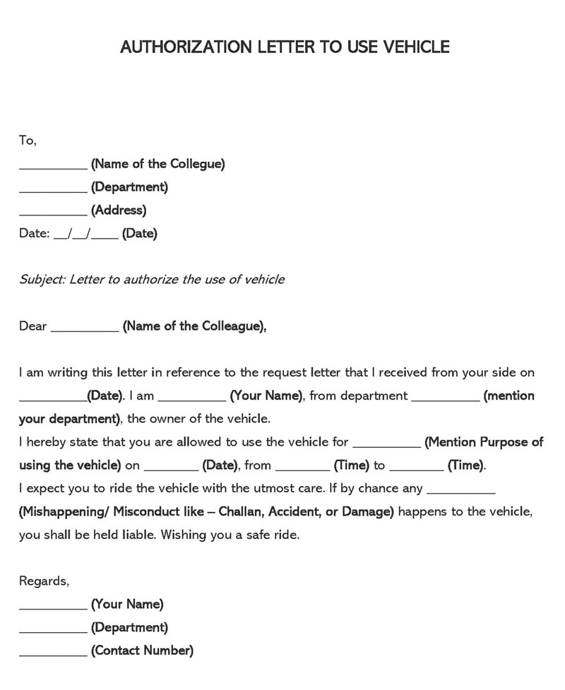 Free Printable Vehicle Use Authorization Letter Template 01 for Word Document